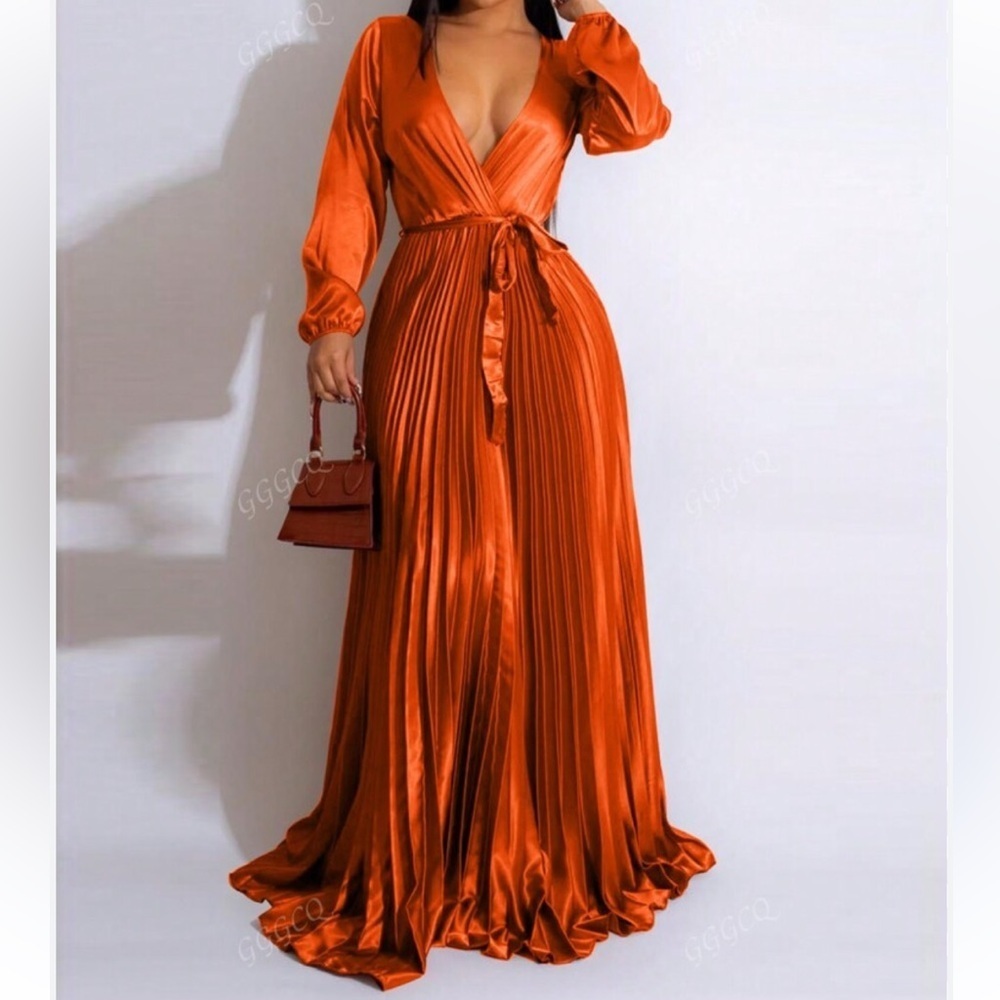 SHEIN Rust Satin Pleated Wrap Midi Dress – Size 2XL